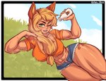 5_fingers abs absurd_res alternate_species animal_humanoid applejack_(mlp) ashsux biceps big_breasts blonde_hair bodily_fluids bottle bottomwear breasts clothed clothing cloud container cutie_mark cutoffs daisy_dukes denim denim_bottomwear denim_clothing digital_media_(artwork) dutch_angle equid equid_humanoid equine equine_humanoid eyelashes female fingers freckled_breasts freckled_face freckled_legs freckled_thighs freckles friendship_is_magic grass green_eyes hair hasbro hi_res holding_container holding_object hotpants humanoid humanoidized looking_at_viewer lying mammal mammal_humanoid midriff milk_container muscular muscular_thighs my_little_pony navel on_side one_eye_closed open_mouth open_smile orange_body orange_clothing orange_shirt orange_skin orange_thong orange_topwear orange_underwear outside plant ponytail shirt shorts sky smile smiling_at_viewer solo sweat teeth thick_thighs thong thong_straps topwear underwear wink winking_at_viewer