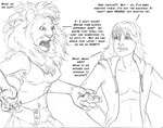 amanda_(tcitw) anthro arania armadillo_girdled_lizard clothed clothing comic dialogue duo english_text felid female fur girdled_lizard hair hi_res hoodie jack_(tcitw) lion lizard male mammal midriff monochrome navel nipple_outline open_clothing open_mouth open_shirt open_topwear pantherine reptile scalie shirt text the_cabin_in_the_woods_(arania) topwear whiskers