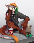 anthro bioware blep candy canid canine claws clothed clothing dessert electronic_arts food fox hair hoodie lollipop male mammal mass_effect one_eye_closed panda_express pawpads sitting solo toe_claws tongue tongue_out topwear twistedhound