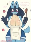 akibun anthro apron biped black_body blue_body blue_tail blush breasts cleavage clothed clothing dialogue female front_view fur generation_4_pokemon holding_ladle lucario nintendo pokemon pokemon_(species) red_eyes simple_background smile solo tail tan_body tan_fur white_background