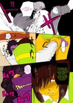 anthro bed brown_hair clothing color_edit colored comic deltarune dialogue duo english_text female furniture green_clothing green_eyes green_shirt green_topwear grey_clothing grey_shirt grey_topwear hair hand_on_arm hard_translated hi_res human japanese_text komarukoune kris_(deltarune) male male/female mammal pattern_clothing pattern_shirt pattern_topwear purple_body purple_skin pushed_down red_eyes shirt simple_background striped_clothing striped_shirt striped_topwear stripes susie_(deltarune) text third-party_edit topwear translated undertale_(series)