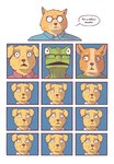 anthro base_five_layout biped blockage_(layout) brown_body brown_fur canid canine canis chameleon clothing comic comrade_druzhok_(sobakistan) dialogue domestic_dog dress eyewear female five_row_layout floppy_ears fur glasses green_body henri_pascal_(sobakistan) herding_dog hi_res horizontal_blockage katja kerchief lizard male mammal military_jacket multicolored_body multicolored_fur neckerchief neckwear pastoral_dog pink_clothing pink_dress pointy_ears prick_ears rectangular_glasses red_kerchief red_neckerchief reptile round_glasses russian_text scale_(sobakistan) scalie shocked sibling_(lore) sister_(lore) sisters_(lore) sobakistan speech_bubble text thirteen_frame_image twelve_frame_grid twins_(lore) two_tone_body two_tone_fur welsh_corgi white_blouse yellow_body yellow_fur young young_anthro