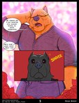 anthro big_bulge black_sclera bulge canid canine canis colored comic connor_(maychin) cutaway dialogue domestic_dog duo english_text flower front_view gregor_(maychin) hair hair_over_eyes hand_behind_head hi_res infatuation love male male/male mammal maychin onomatopoeia pit_bull plant rose_(flower) security security_guard sound_effects stare text url