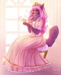 anthro brown_body brown_fur canid clothed clothing dress eyelashes female fur glistening glistening_eyes hair hi_res holding_object mammal open_mouth open_smile pink_clothing pink_dress pink_eyes pink_hair sitting smile solo tiggybloom