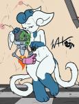 2019 2_tails antennae_(anatomy) anthro blue_body blue_fur blue_hair brain breasts chibi cybernetics cyborg duo fallout fallout:_pca fangs felid feline female fire floor fur generation_6_pokemon gloves_(marking) hair hi_res hologram hovering idena_(swordfox) leg_markings machine mammal markings meowstic microsoft multi_tail muniversalarts nintendo nude organs pokemon pokemon_(species) pokemorph post-apocalyptic red_eyes robot scar signature socks_(marking) story story_in_description tail teeth think_tank_(fallout) tile tile_floor upset what_has_science_done white_body white_fur wire