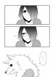 anthro canid canine clothing comic dialogue female fur greyscale hair hair_over_eye hi_res human japanese_text lila_(kashiwagi_aki) male mammal monochrome one_eye_obstructed pictographics text yakantuzura zinovy