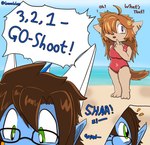 absurd_res anthro beach beyblade biped blue_body brown_hair canid canine canis clothing comic comic_panel dialogue domestic_dog dragon eyewear facial_markings fanged_dragon female fin fur garyu_(species) glasses green_eyes gunma747j gunma_(gunma747j) hail-fanged_dragon hair head_fin head_horn head_markings hi_res horn hyogaryu looking_at_another looking_down loomy_(comifur) male mammal markings mythological_creature mythological_scalie mythology one-piece_swimsuit orange_hair purple_eyes scalie shy sound_effects speech_bubble swimwear yellow_body yellow_fur