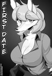 2023 absurd_res anthro big_breasts breasts canid canine cleavage clothed clothing comic cooliehigh dress_shirt female fox fully_clothed greyscale hair hi_res looking_at_viewer mammal monochrome shirt solo topwear translucent translucent_hair