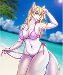 2024 anthro beach bikini bikini_bottom bikini_top blue_eyes breasts canid canine clothing female fox hi_res kitsunewaffles-chan mammal pink_bikini pink_clothing pink_swimwear sky solo swimwear two-piece_swimsuit undressing water