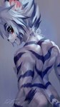 9:16 anthro back_muscles bangs blue_hair blue_highlights blue_stripes blush blush_lines bow_ribbon clenched_teeth digital_media_(artwork) digital_painting_(artwork) dr.fox felid fur hair half-length_portrait hi_res highlights_(coloring) kogenta_(onmyou_taisenki) looking_at_viewer looking_back looking_back_at_viewer male mammal multicolored_body multicolored_fur multicolored_hair muscular muscular_anthro muscular_arms muscular_male neck_ribbon nervous_smile nude onmyou_taisenki pantherine pink_inner_ear portrait rear_view red_eyes short_hair solo spiky_hair striped_hair stripes teeth tiger two_tone_body two_tone_fur two_tone_hair white_body white_fur white_hair