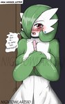 5:8 big_breasts blush blush_lines breast_squish breasts female gardevoir generation_3_pokemon hi_res humanoid nervous nightowlarts30 nintendo not_furry nude pokemon pokemon_(species) pregnancy_test red_eyes solo squish tsundere