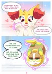 2023 annoyed anthro ass_up braixen canid canine comic dialogue duo ellie_the_braixen english_text feral fur generation_6_pokemon generation_8_pokemon heart_symbol hi_res inner_ear_fluff levitating male mammal nikkibunn nintendo open_mouth pokemon pokemon_(species) profanity psychic psychic_powers smile speech_bubble telekinesis text tuft white_body white_fur yamper yellow_body yellow_fur