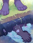 2024 3:4 4_toes 5_fingers absurd_res anthro biped canid canine canis death domestic_dog duo feet fingers flower forget-me-not_(flower) fur grass grave hi_res male mammal plant purple_body purple_fur safero toes