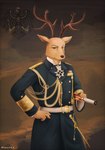 2022 absurd_res anthro beastars binoculars brown_body cervine clothing cross deer emperor german german_empire germany globus_cruciger gold_(metal) gold_jewelry gradient_background hi_res historical horn hybrid iron_cross jewelry king louis_(beastars) male mammal mitchthegoat painting_(artwork) prussian red_deer ring royalty simple_background solo stamp traditional_media_(artwork) watercolor_(artwork) world_war_1