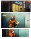 2014 4:5 absurd_res anthro biceps blue_sclera brown_body brown_fur butt cheek_tuft chipmunk clothed clothing comic communal_shower donryu english_text facial_tuft fully_clothed fur ground_squirrel hi_res inside locker locker_room male mammal muscular nipples nude outside pink_body pink_nipples pink_nose pink_skin rodent sciurid shower shower_head shower_room sign standing street text tuft undressing