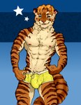 abs anthro areola big_bulge biped blonde_hair blue_eyes broad_shoulders bulge clothed clothing cocky cocky_smile detailed_bulge felid genital_outline hair hi_res jock male male_anthro mammal muscular muscular_anthro muscular_male nipples pantherine pecs penis_outline seb_(t0mbak) smile solo t0mbak tiger underwear underwear_only