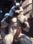 abs alltro2 anthro arm_wrapping arm_wraps balls canid canine canis casual_nudity cheek_tuft claws death_(puss_in_boots) detailed detailed_background detailed_fur dreamworks erection facial_markings facial_tuft fluffy fluffy_tail fur fuzzy genitals hand_on_chest head_markings hi_res humanoid_genitalia humanoid_penis inside light light_beam looking_at_viewer male mammal markings mask_(marking) muscular muscular_anthro muscular_male muscular_thighs navel neck_tuft nipples nude obliques pecs penis plant plant_pot potted_plant prick_ears puss_in_boots_(dreamworks) red_eyes sitting smile solo sunbeam sunlight tail tuft vein veiny_penis white_body white_fur window wolf wrapped_arms wraps wrist_wraps