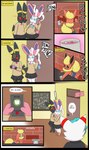 absurd_res anthro anthrofied apron bottomwear cafe clothed clothing comic dialogue dress duo eeveelution electronics english_text feet female flareon generation_1_pokemon generation_2_pokemon generation_6_pokemon group hi_res male matachu mother_(lore) nintendo parent_(lore) pawpads paws phone pokemon pokemon_(species) pokemorph public school_uniform shorts sid's_mom_(matachu) sid_(matachu) skirt soles stacy_(matachu) sylveon text toes umbreon uniform working