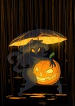 2023 anthro black_body black_fur breast_squish breasts conditional_dnp felid feline female fur jack-o'-lantern jollyjack looking_at_viewer mammal nude orange_eyes raining sitting solo squish tagme umbrella