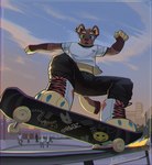 absurd_res ankorthewolf anthro blue_eyes brown_body brown_fur fur gorillaz green_eyes heterochromia hi_res hyena looking_at_viewer male mammal skateboard skateboarding slim_anthro slim_male solo vehicle yellow_body yellow_fur