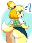 3:4 accident accidental_exposure animal_crossing anthro big_butt black_eyes blue_background blue_bottomwear blue_clothing blue_skirt bottomwear breasts butt canid canine canis clothed clothing dipstick_tail domestic_dog exclamation_point eyelashes female fur green_clothing green_topwear huge_butt isabelle_(animal_crossing) looking_back mammal markings nintendo no_underwear open_mouth open_smile raised_bottomwear raised_clothing raised_skirt rear_view shih_tzu simple_background skirt smile solo squishcap tail tail_markings tail_motion tailwag tan_body tan_fur thick_thighs topwear toy_dog white_background white_body white_clothing white_fur white_topwear wide_hips yellow_body yellow_fur