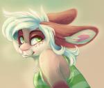 2016 anthro bare_shoulders brown_body brown_fur clothed clothing digital_media_(artwork) domestic_cat eyebrows felid feline felis female fur gradient_background green_eyes hair hybrid krokpot lagomorph leporid long_hair looking_back mammal multicolored_body multicolored_fur pink_nose rabbit shirt simple_background smile solo tan_body tan_fur teeth topwear two_tone_body two_tone_fur white_hair