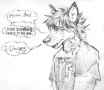 akatan_art anthro bodily_fluids canid cheek_tuft clothed clothing crying ear_piercing ear_ring english_text facial_tuft fangs hair hi_res male mammal messy_hair monochrome open_mouth piercing ring_piercing shirt short_hair simple_background solo t-shirt tears teeth text topwear tuft