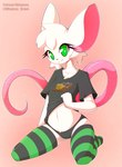 2018 absurd_res anthro big_ears black_clothing black_panties black_underwear cheese clothed clothing clothing_lift crossgender dairy_products digital_media_(artwork) eyelashes female flat_chested food fur green_eyes hi_res kneeling legwear looking_at_viewer mammal mouse mouse_trap murid murine navel panties pattern_clothing pattern_legwear pattern_stockings pinup pose reggie_(whygena) rodent shirt shirt_lift smile solo stockings striped_clothing striped_legwear striped_stockings stripes t-shirt topwear trap_(contrivance) underwear white_body white_fur whygena