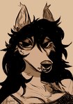 anthro black_hair breasts canid canine canis ear_piercing facial_piercing female hair hi_res inner_ear_fluff lidded_eyes looking_at_viewer mammal mano_(mjsty) mjsty nose_piercing nose_ring piercing ring_piercing solo tuft wolf