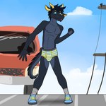 1:1 anthro black_body black_hair black_scales blep blue_briefs blue_clothing blue_eyes blue_footwear blue_sclera blue_shoes blue_sneakers blue_underwear briefs bulge car clothed clothing dancing day detailed_background dragon eastern_dragon footwear fuze grey_clothing grey_footwear grey_socks grey_soles hair hi_res male mythological_creature mythological_scalie mythology navel nipples outside pattern_clothing pattern_underwear public scales scalie shoelaces shoes socks solo standing striped_briefs striped_clothing striped_underwear stripes sunny_jiaolong tail tongue tongue_out topless underwear vehicle yellow_briefs yellow_clothing yellow_shoelaces yellow_underwear