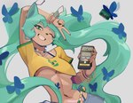 2024 absurd_res ambient_arthropod ambient_butterfly ambient_insect anthro anthrofied biped bluesky_(social_media) brazilian_miku breasts digital_media_(artwork) domestic_cat electronics felid feline felis feliscede female female_anthro green_eyes green_hair hair hatsune_miku hi_res holding_object holding_phone long_hair looking_at_viewer mammal navel phone smile smiling_at_viewer solo under_boob vocaloid