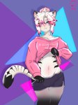 1990s absurd_res accessory anthro biped bite bodypaint bruised bulge clothing detailed_bulge face_paint felid feline genital_outline gynomorph gynomorph_anthro hair_accessory hair_up hairpin hi_res hickies hoodie intersex intersex_anthro katciao kemono lin_(katciao) mammal neck_bite pantherine penis_outline retro solo sweater tiger topwear wide_hips workout_clothing