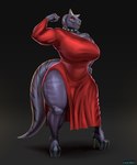 5:6 abelisaurid absurd_res anthro biceps big_breasts breasts carnotaurus clothed clothing collar curvy_figure dinosaur dress female flexing footwear glistening glistening_body glistening_thighs hi_res high_heels horn huge_breasts huge_thighs jacqueline_crowlie_(feldspartan) mr_dark_and muscular muscular_female non-mammal_breasts prehistoric_species purple_body purple_scales red_clothing red_dress reptile scales scalie shoes solo spiked_collar spikes standing stripes theropod thick_thighs voluptuous wide_hips