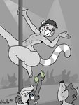 3:4 ailurid blue_eyes brown_eyes clothed clothing dancing femboy hi_res huge_hips male male_focus mammal money navel open_mouth pole pole_dancing red_panda shieltar stripper_pole tongue topless wide_hips