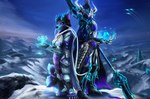 anthro armor black_body black_fur blue_eyes blue_theme canid canine cape cheek_tuft claws clothing corbin_(roscy) destiny_2 digital_extremes dragonsune duo energy facial_tuft feet female fingers fluffy_ears fox fur gara_(warframe) gear hi_res horn looking_at_viewer magic mammal melee_weapon moutain multi_tail night orb polearm pouch_(clothing) purple_body purple_clothing purple_fur shoulder_pads sky snow spear tail tencent toes tuft warframe weapon