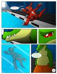 ambiguous_gender anthro bandai_namco comic crocodile crocodilian crocodylid detailed_background digimon digimon_(species) digital_media_(artwork) dragon duo guilmon hector21314 hi_res inside male mythological_creature mythological_scalie mythology reptile scalie spanish_text speech_bubble spreading swimming_pool tail text thought_bubble translated water