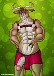 anthro antlers associated_student_bodies balls belt big_penis blue_eyes brown_body brown_fur bulge christmas clothing deer digital_media_(artwork) dolph_(fortnite) epic_games fortnite fur genitals hi_res holidays horn male mammal muscular new_world_deer palmarianfire pecs penis penis_poking_out penis_through_fly reindeer smile solo topwear underwear