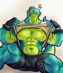 abs absurd_res anthro barazoku big_pecs blue_body blue_scales bottomwear bulge clothed clothing clothing_lift epic_games fingerless_gloves fortnite gloves green_body green_scales handwear hi_res its_coldpizza lizard lizzik_(fortnite) looking_at_viewer male muscular muscular_anthro muscular_male navel nipples pecs reptile scales scalie shirt shirt_lift shorts simple_background solo tongue tongue_out topwear white_background