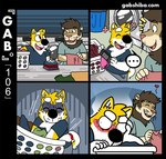 anthro appliance base_two_layout black_eyes black_nose blush canid canine canis clothed clothing comic curled_tail dialogue distracted domestic_dog duo ellipsis embarrassed felid flirting four_frame_grid four_frame_image fur gab_(comic) gabshiba grid_layout heart_symbol holding_clothing holding_object inside laundry laundry_basket laundry_machine laundry_room lion male mammal nervous_sweat open_mouth pantherine pictographics pink_clothing pink_nose pink_thong pink_underwear regular_grid_layout shiba_inu spitz tail text thong two_row_layout underwear url yellow_body yellow_fur