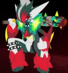 3_fingers absurd_res airalin alternative_fashion arm_blade arm_spikes blade blood blood_on_weapon bodily_fluids chest_horn chibi clothing club_(weapon) collar crouching elbow_blade elbow_spikes face_mask fingers fishnet_clothing fur fur_clothing gaiki gallade gardevoir generation_3_pokemon generation_4_pokemon generation_8_pokemon gesture green_body green_fur green_hair hair hand_gesture hi_res highlights_(coloring) holding_object holding_weapon humanoid hybrid jacket leglet looking_at_viewer male melee_weapon middle_finger nintendo obstagoon odon_(sirgallade) one_eye_obstructed pokemon pokemon_(species) punk red_body red_eyes red_fur red_highlights ring_(jewelry) solo spiked_club spiked_collar spiked_legwear spikes spikes_(anatomy) topwear weapon weapon_on_shoulder white_body