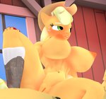 3d_(artwork) anthro anthrofied applejack_(mlp) areola big_breasts breasts clothing cowboy_hat digital_media_(artwork) equid equine eyelashes female footwear freckles friendship_is_magic genitals hasbro hat headgear headwear hi_res horse mammal my_little_pony nipples orange_body pony purplefondue pussy shoes solo spread_legs spreading