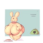 1:1 anthro big_breasts black_eyes breasts carbuncle_(puyo_puyo) female food gem happy hi_res huge_breasts lightmizano looking_at_another mythological_carbuncle mythological_creature mythology nude plant puyo_puyo sega shrub simple_background slightly_chubby smile solo star thick_thighs yellow_body