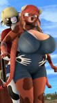 3d_(artwork) 4k 9:16 absurd_res anthro belly big_breasts bovid bovine braided_pigtails breasts cattle cowbell digital_media_(artwork) donglysfm duo farm female freya_(donglysfm) grabbing_from_behind hair hair_over_eyes hi_res horn huge_breasts mammal mature_female outside overalls_only red_hair revamped_anthros slightly_chubby slightly_chubby_female source_filmmaker_(artwork) tess_(donglysfm)