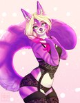 2019 abstract_background anthro barbell_piercing black_bottomwear black_clothing black_topwear blonde_hair bottomwear circular_barbell_piercing clothing eyelashes facial_piercing felid female fur green_eyes hair hi_res lingerie looking_at_viewer mammal multicolored_hair nose_piercing piercing pink_body pink_fur pink_hair pink_tail portrait purple_body purple_fur purple_tail septum_circular_barbell septum_piercing smile solo standing tail three-quarter_portrait tiggybloom topwear two_tone_hair white_body white_fur