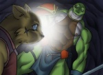 anthro bomb_(artist) canid canine cave duo imminent_rape lizard low_res male mammal reptile scalie