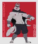 2024 abs anthro areola arm_wrapping arm_wraps artist_name athletic barazoku barefoot bedroom_eyes biceps black_nipples border bottomwear bottomwear_pull canid canine canis cheek_tuft claws cloak clothed clothing clothing_pull crotch_tuft death_(puss_in_boots) dreamworks dual_wielding english_text facial_markings facial_tuft fangs feet fluffy fluffy_tail fur fuzzy grey_body grey_fur grin half-closed_eyes head_markings head_tuft hi_res holding_object holding_weapon leg_wrap leg_wraps licking licking_lips licking_own_lips looking_at_viewer male mammal markings mask_(marking) melee_weapon muscular muscular_anthro muscular_male narrowed_eyes navel nipple_piercing nipples open_mouth open_smile outcast-stars pants pants_pull pecs piercing pinup pose prick_ears puss_in_boots_(dreamworks) red_background red_eyes seductive sickle simple_background smile solo standing stirrup_legwear suggestive tail teeth text tongue tongue_out topless topless_anthro topless_male torn_bottomwear torn_clothing tuft weapon white_border wolf wrapped_arms wrapped_legs wraps