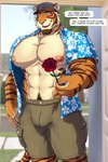 2022 abs aloha_shirt anthro barazoku baseball_cap beard big_muscles big_nipples big_pecs blurred_background blush body_hair bottomwear bulge clothed clothing coach countershading date date_pov dialogue door dream_and_nightmare english_text eyebrows facial_hair felid first_person_view flower fur happy_trail hat headgear headwear hi_res huge_muscles looking_at_viewer male mammal muscular muscular_anthro muscular_male navel night_(dream_and_nightmare) nipples notched_ear open_clothing open_shirt open_topwear pantherine pattern_clothing pattern_shirt pattern_topwear pecs plant pubes rose_(flower) shirt shorts smile solo speech_bubble standing talking_to_viewer text tiger topwear tuft