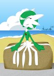 absurd_res ambiguous_gender beach clothing dress gardevoir generation_3_pokemon green_body happy hi_res humanoid kanok nintendo pokemon pokemon_(species) rock sand sea solo water white_clothing white_dress