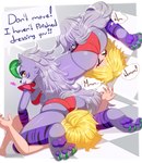 2023 absurd_res animatronic anthro blonde_hair blush bra canid canine canis choker clothing colored_nails duo english_text facesitting feet female female/female female_facesitting_female five_nights_at_freddy's five_nights_at_freddy's:_security_breach fur green_eyes green_nails green_toenails hair heart_symbol hi_res human jewelry lipstick long_hair machine makeup mammal nails necklace panties pinned pinned_to_ground purple_body purple_fur purple_lipstick robot roxanne_wolf scottgames sitting_on_another spiked_choker steel_wool_studios text toenails toes underwear vanessa_(fnaf) wolf yellow_eyes zexlynk