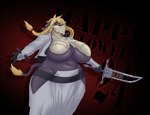 abstract_background absurd_res anthro armor arrancar asian_clothing belly big_breasts blarf bleach_(series) blonde_hair bone bovid bovine braided_hair breasts brown_eyes cattle clothing east_asian_clothing female floppy_ears hair halloween hi_res holidays horn huge_breasts humanoid jacket japanese_clothing lakota_(blarf) looking_at_viewer mammal mask melee_weapon navel pose purple_body solo sword tail teeth_showing tia_halibel topwear waist_accessory weapon zanpakuto